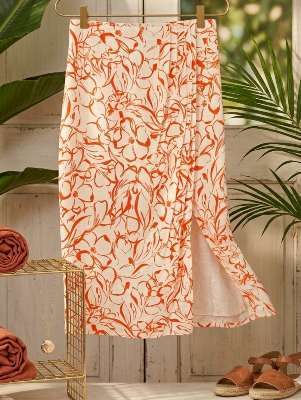 Rafaella Sport Floral Tropical Linen Creamy White Orange Midi Skirt Large NWT